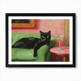 Black Cat With Dirty Martini Cocktail Print Vintage Aesthetic Painting Living Room Decor Art Print