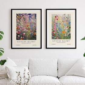 Set of 2 Gustav Klimt Flower Garden Exhibition Posters - Black Framed Art